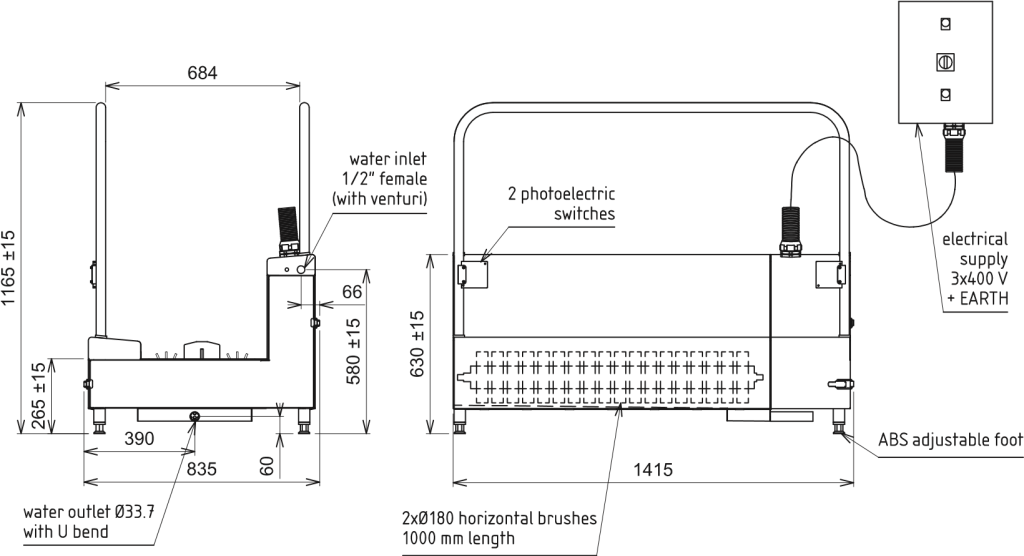 Dimensional drawing for sensor operated two brush sole washer