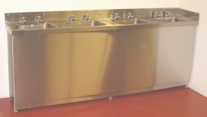 4 person pharmaceutical hand wash sink with fully valance removabe front valance.